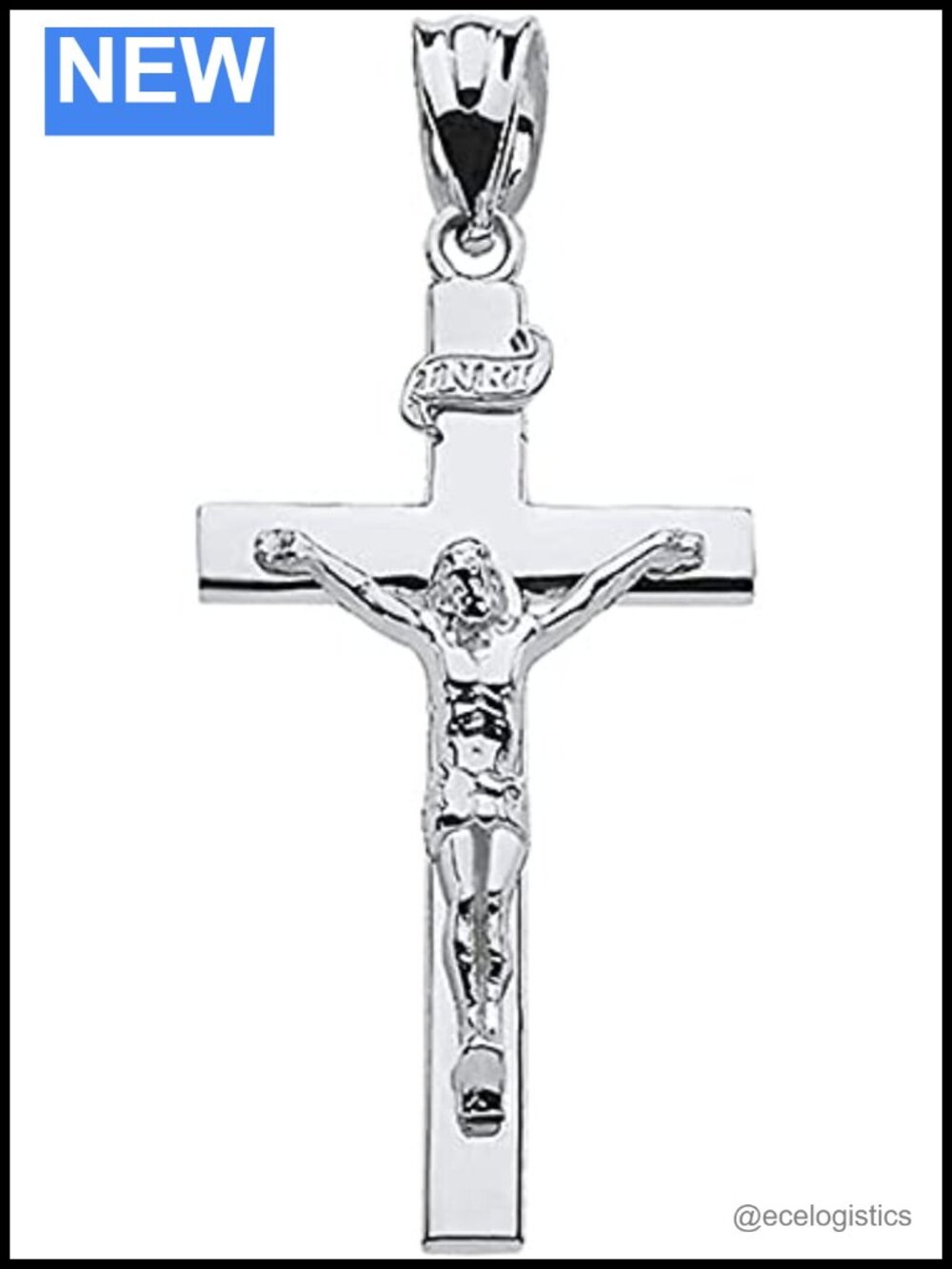 10K White Gold INRI Crucifix Cross Pendant Charm Catholic